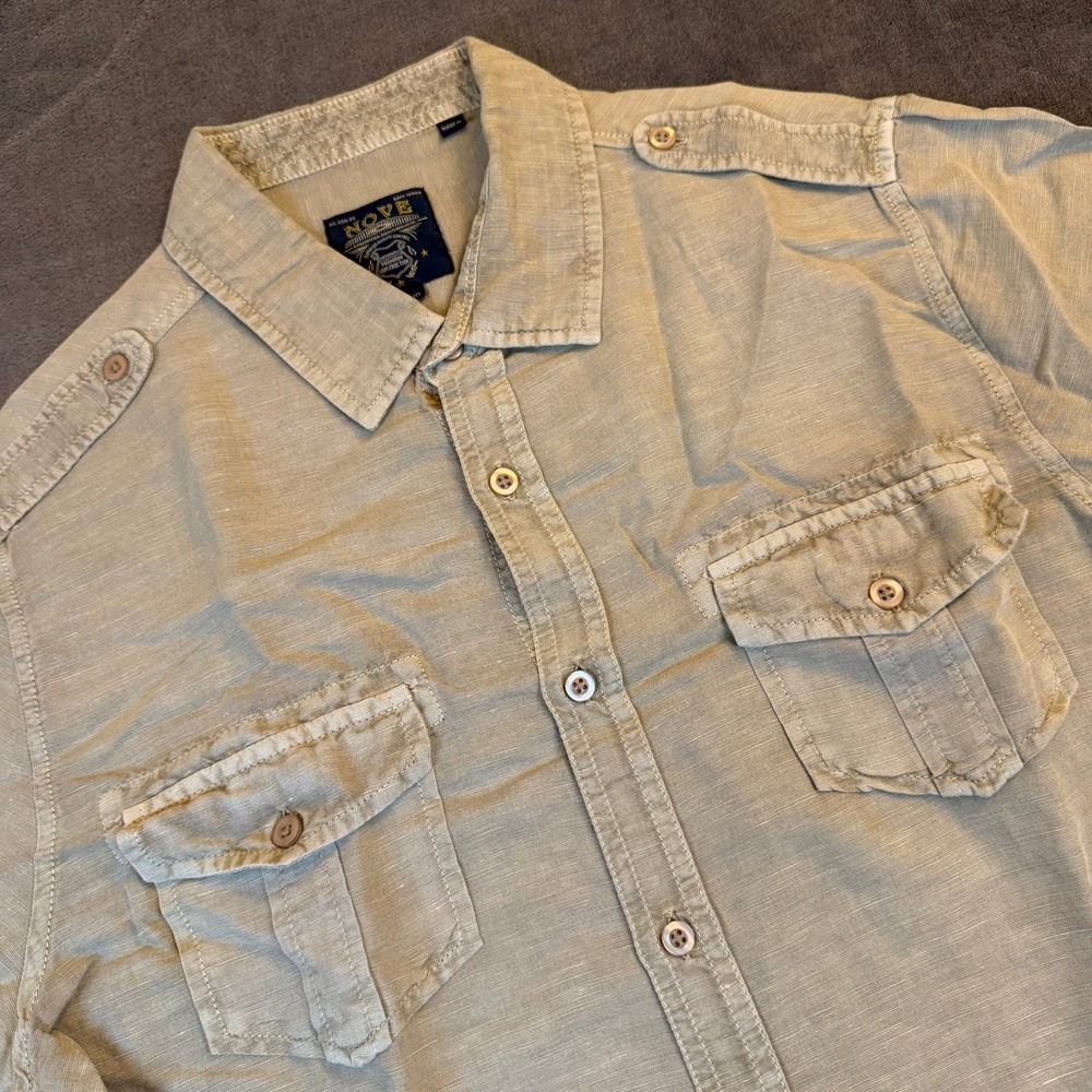 Nove Short Sleeve Cotton Linen Button Down Utility Shirt Khaki Tan Mens Medium